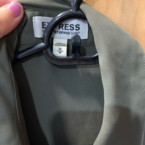 Business casual drape army green silky blouse - Picture 2 of 3